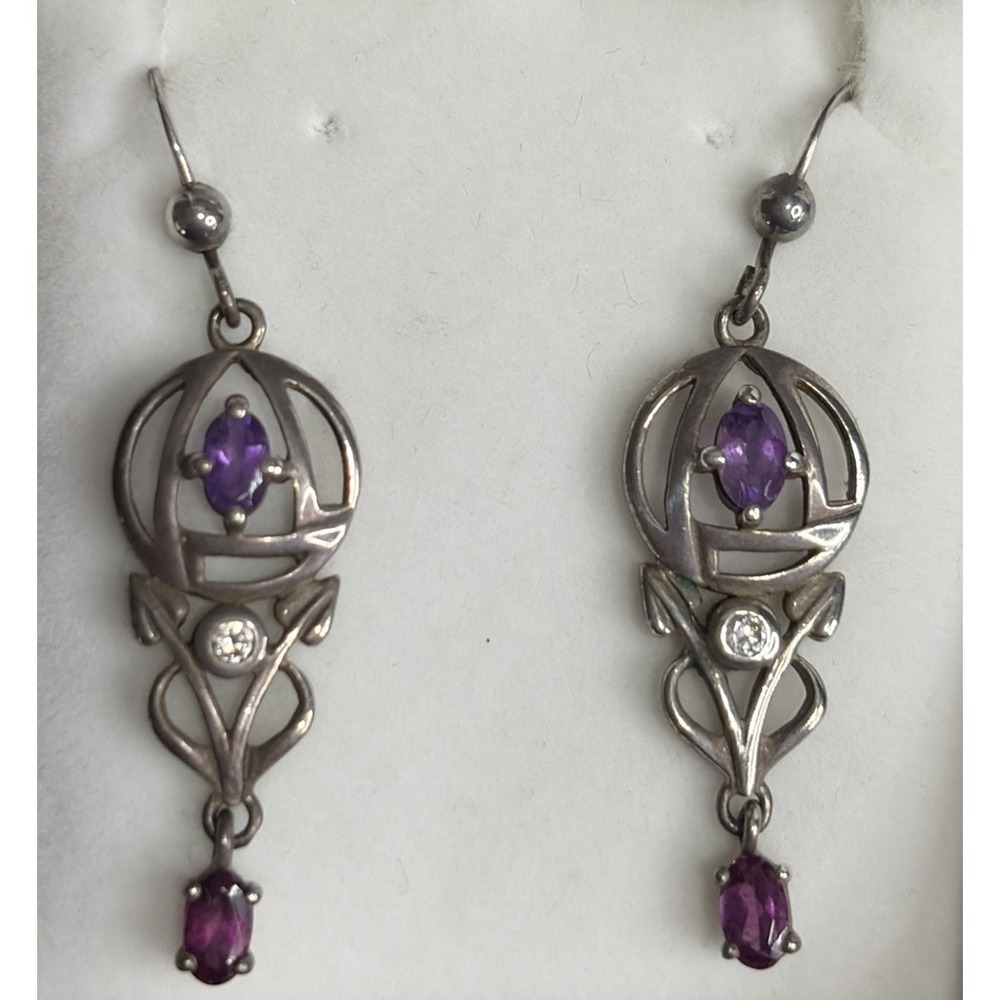 Sterling Silver Amethyst Drop Earrings CR Mackintosh Style Art Nouveau Celtic